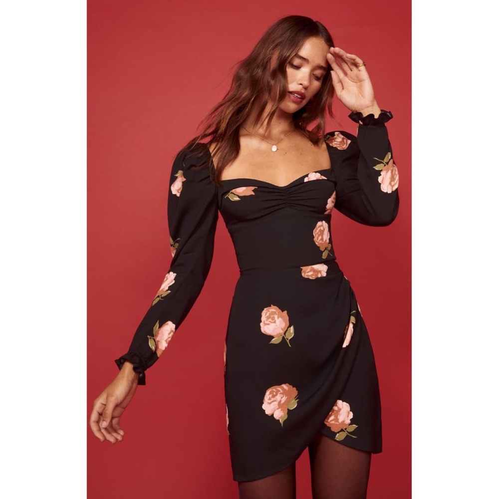 Reformation Black Mini Dress with Pink Rose Print